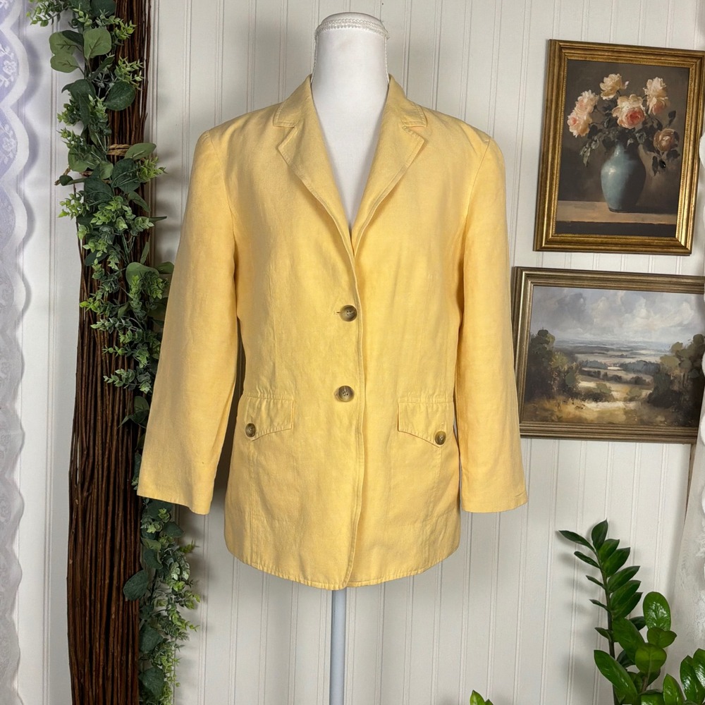 Talbots Blazer Womens 8 Yellow Good Silk Linen Blend Three Button Safari Style